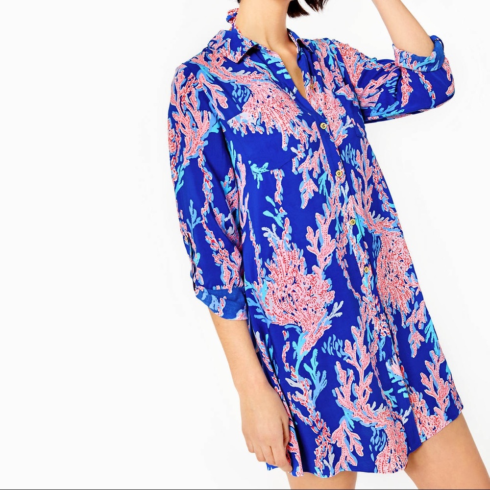 Lilly Pulitzer Blue Pink Coral Print Shirt Dress Coverup
